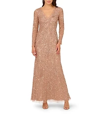 Adrianna Papell Petite Size Long Sleeve Beaded Mesh Sheath Long Dress