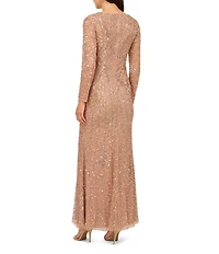 Adrianna Papell Petite Size Long Sleeve Beaded Mesh Sheath Long Dress