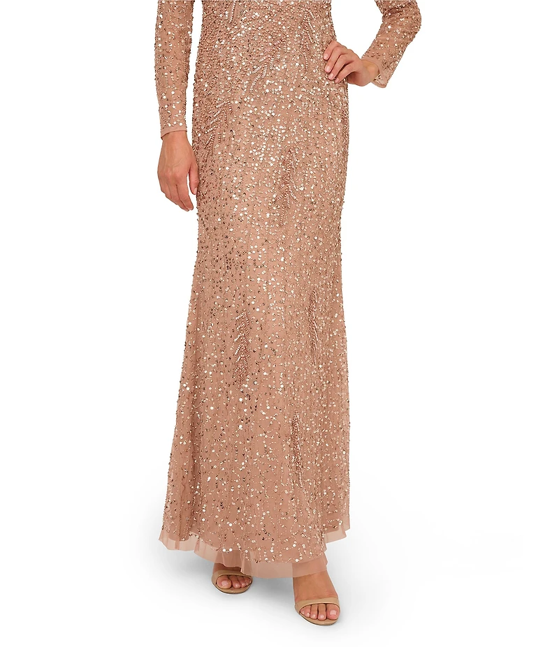 Adrianna Papell Petite Size Long Sleeve Beaded Mesh Sheath Long Dress