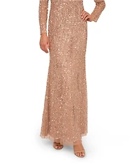Adrianna Papell Petite Size Long Sleeve Beaded Mesh Sheath Long Dress