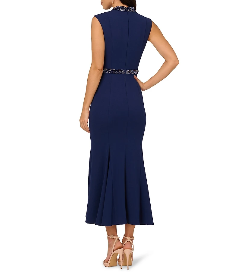 Adrianna Papell Petite Size Mock Neck Pearl Trim Sleeveless Crepe Sheath Godet Hem Midi Dress