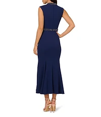 Adrianna Papell Petite Size Mock Neck Pearl Trim Sleeveless Crepe Sheath Godet Hem Midi Dress