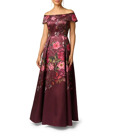 Adrianna Papell Petite Size Off The Shoulder Floral Print Mikado Long Gown