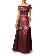 Adrianna Papell Petite Size Off The Shoulder Floral Print Mikado Long Gown