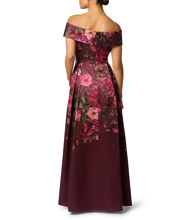 Adrianna Papell Petite Size Off The Shoulder Floral Print Mikado Long Gown
