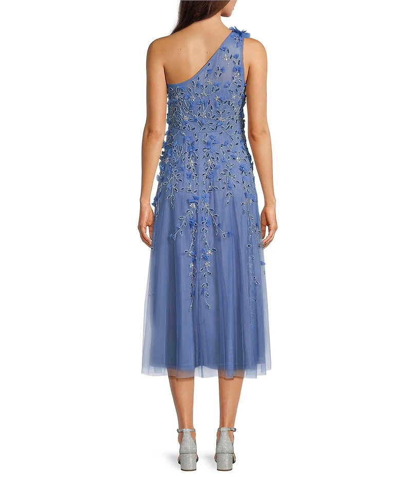 Adrianna Papell Petite Size One Shoulder Beaded Sleeveless A-Line Midi Dress