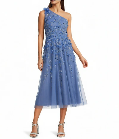 Adrianna Papell Petite Size One Shoulder Beaded Sleeveless A-Line Midi Dress