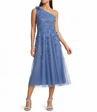 Adrianna Papell Petite Size One Shoulder Beaded Sleeveless A-Line Midi Dress