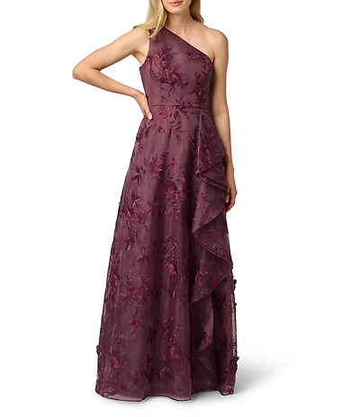 Adrianna Papell Petite Size One Shoulder Embroidered Mesh Cascading Ruffle Long Dress