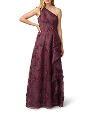 Adrianna Papell Petite Size One Shoulder Embroidered Mesh Cascading Ruffle Long Dress