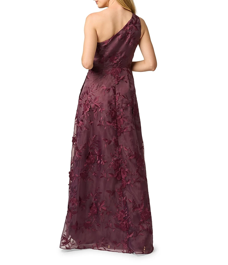 Adrianna Papell Petite Size One Shoulder Embroidered Mesh Cascading Ruffle Long Dress