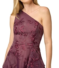 Adrianna Papell Petite Size One Shoulder Embroidered Mesh Cascading Ruffle Long Dress