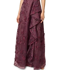 Adrianna Papell Petite Size One Shoulder Embroidered Mesh Cascading Ruffle Long Dress