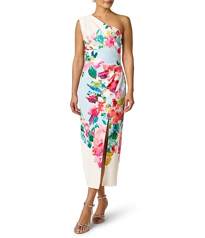 Adrianna Papell Petite Size One Shoulder Floral Border Midi Dress