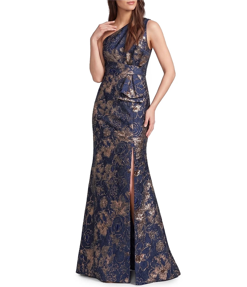 Adrianna Papell Petite Size One Shoulder Jacquard Gown