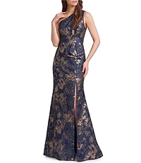 Adrianna Papell Petite Size One Shoulder Jacquard Gown