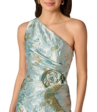 Adrianna Papell Petite Size One Shoulder Metallic Jacquard Column Gown
