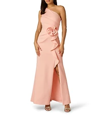 Adrianna Papell Petite Size One Shoulder Scuba Rosette Long Gown