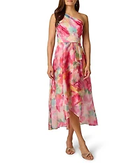Adrianna Papell Petite Size Printed Orgnaza One Shoulder Ruffle High-Low Midi Dress