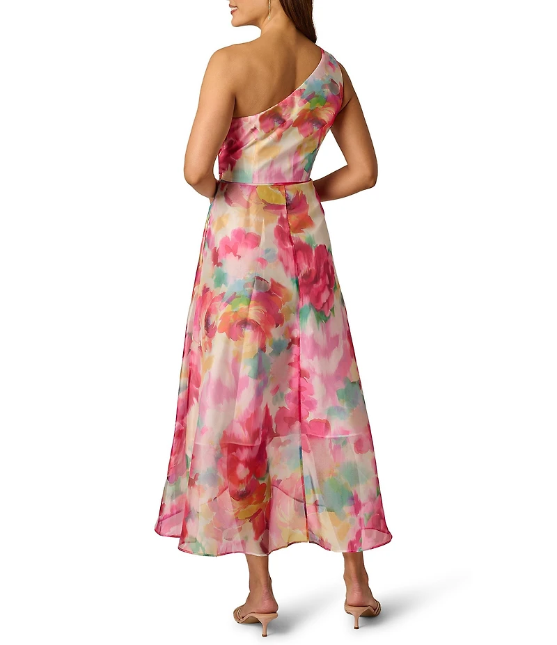 Adrianna Papell Petite Size Printed Orgnaza One Shoulder Ruffle High-Low Midi Dress