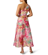 Adrianna Papell Petite Size Printed Orgnaza One Shoulder Ruffle High-Low Midi Dress