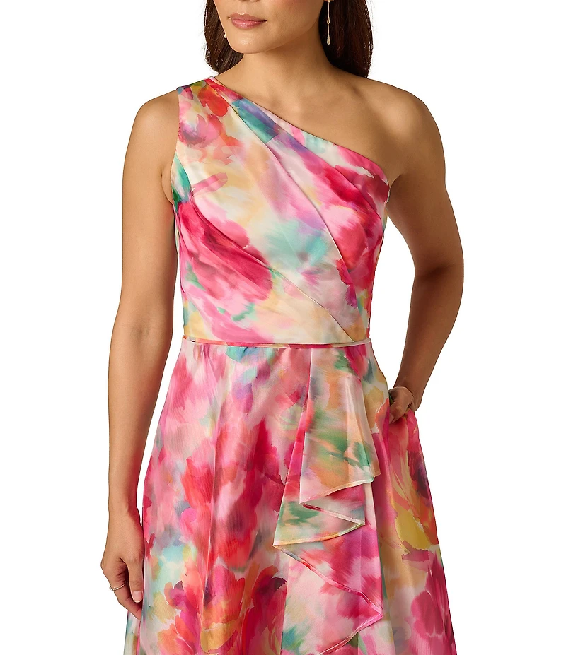 Adrianna Papell Petite Size Printed Orgnaza One Shoulder Ruffle High-Low Midi Dress