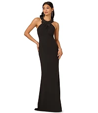 Adrianna Papell Petite Size Rosette Halter Crepe Dress