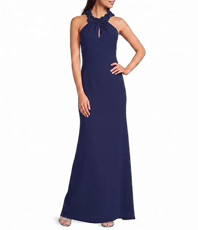 Adrianna Papell Petite Size Rosette Halter Crepe Dress