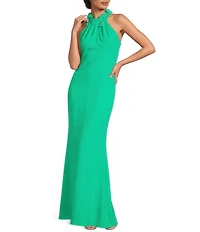 Adrianna Papell Petite Size Rosette Halter Crepe Dress