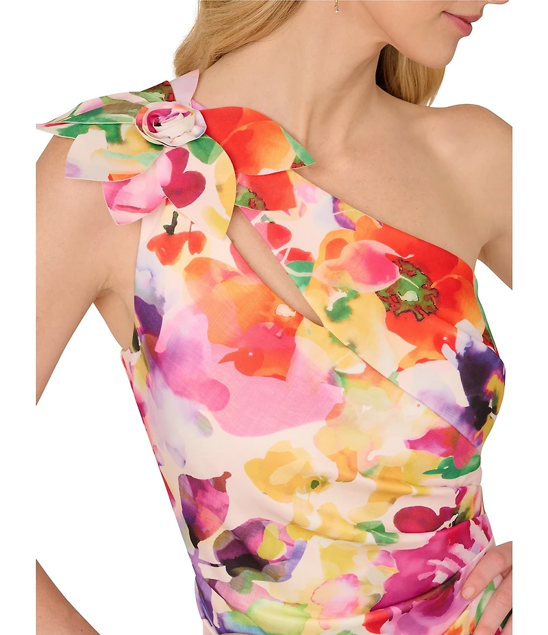 Adrianna Papell Petite Size Scuba Floral Print One Shoulder Neck Sleeveless Sheath Midi Dress