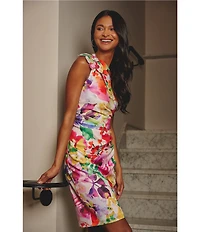 Adrianna Papell Petite Size Scuba Floral Print One Shoulder Neck Sleeveless Sheath Midi Dress