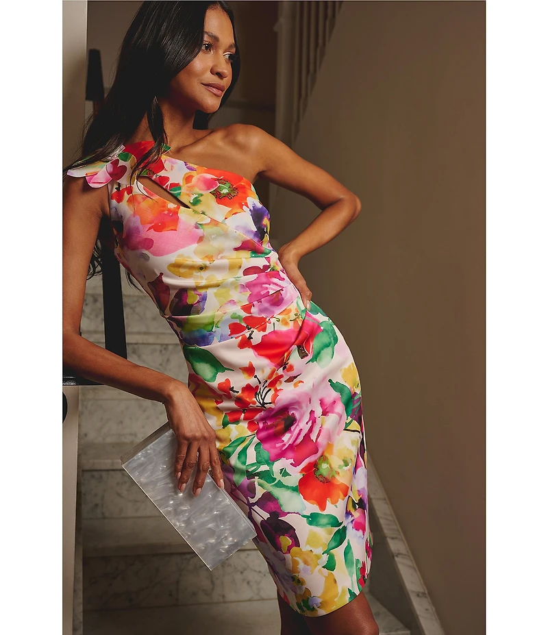 Adrianna Papell Petite Size Scuba Floral Print One Shoulder Neck Sleeveless Sheath Midi Dress