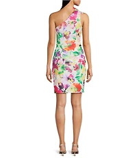 Adrianna Papell Petite Size Scuba Floral Print One Shoulder Neck Sleeveless Sheath Midi Dress
