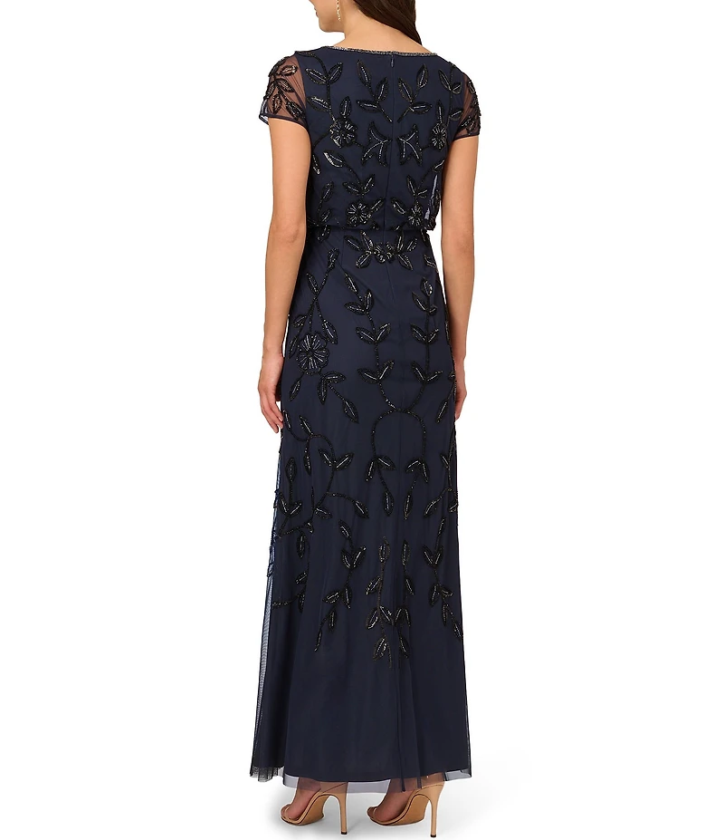 Adrianna Papell Petite Size Short Sleeve Boat Neck Bead Blouson Gown