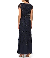 Adrianna Papell Petite Size Short Sleeve Boat Neck Bead Blouson Gown