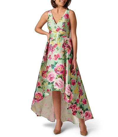 Adrianna Papell Petite Size Twill High Low Floral Print Midi Dress