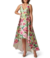 Adrianna Papell Petite Size Twill High Low Floral Print Midi Dress