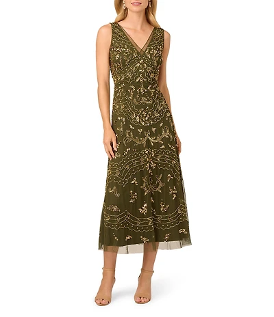 Adrianna Papell Petite Size V-Neck Beaded Midi Dress