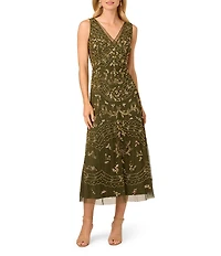 Adrianna Papell Petite Size V-Neck Beaded Midi Dress