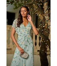 Adrianna Papell Petite Size V-Neck Flutter Sleeve Floral Beaded Mesh Hi-Lo Gown