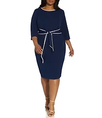 Adrianna Papell Plus Size Crew Neck 3/4 Sleeve Crepe Tie Waist Sheath Dress