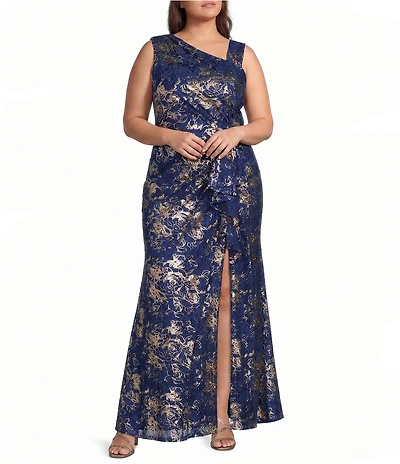 Adrianna Papell Plus Size Asymmetrical Neck Metallic Lace Gown
