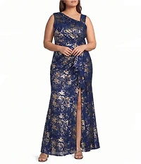Adrianna Papell Plus Size Asymmetrical Neck Metallic Lace Gown