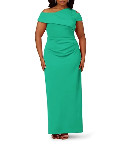 Adrianna Papell Plus Size Asymmetrical Neck Side Ruched Scuba Column Gown