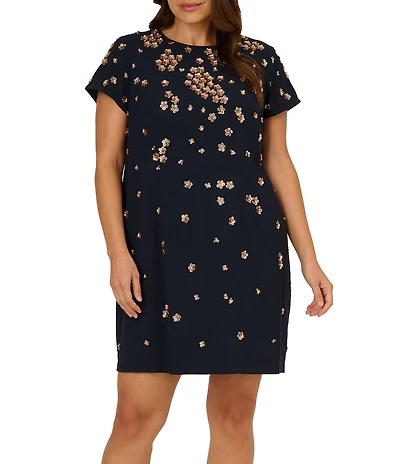 Adrianna Papell Plus Size Beaded Crepe Cap Sleeve Shift Dress