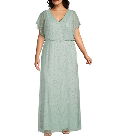 Adrianna Papell Plus Size Beaded Mesh Blouson Long Dress