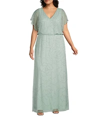 Adrianna Papell Plus Size Beaded Mesh Blouson Long Dress