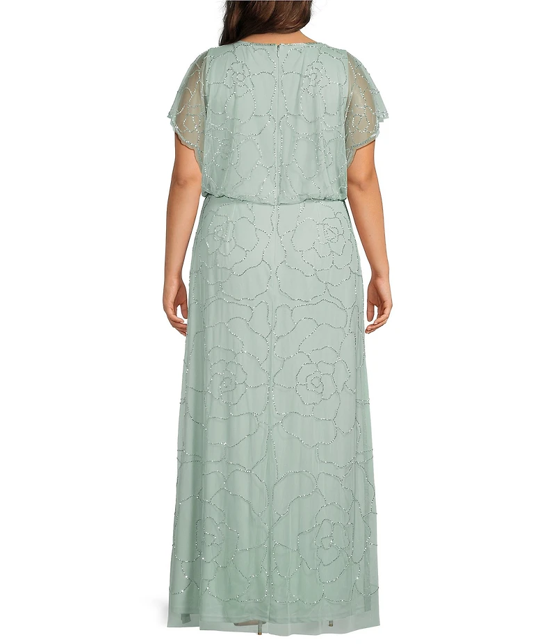 Adrianna Papell Plus Size Beaded Mesh Blouson Long Dress