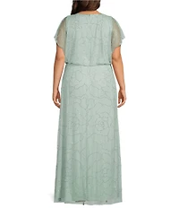 Adrianna Papell Plus Size Beaded Mesh Blouson Long Dress