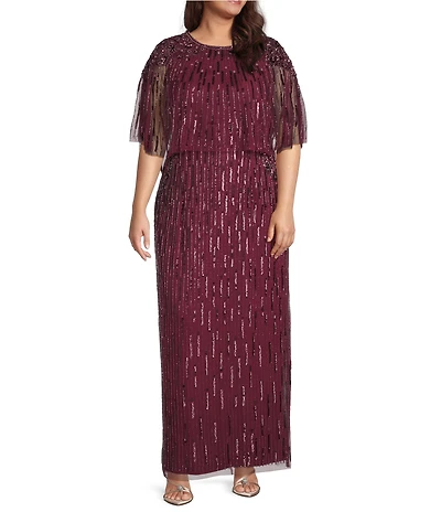 Adrianna Papell Plus Size Beaded Mesh Boat Neck Cape Sleeve Long Dress